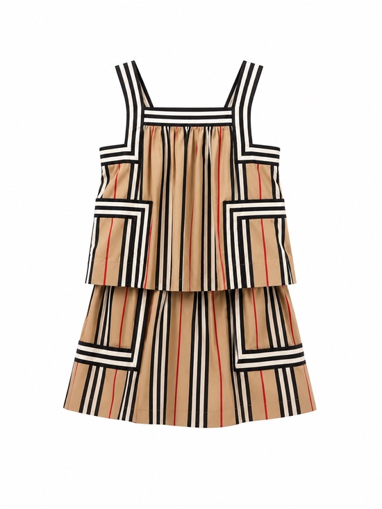 Burberry Other - Burberry Beige Striped Layered Kids Dress with Black & Red Accents